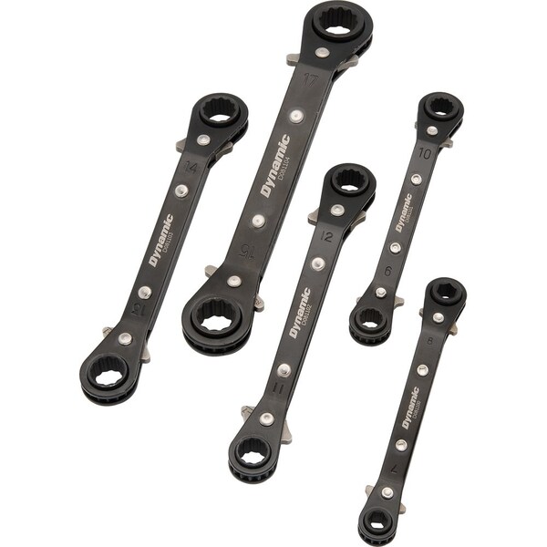 5Pcs Metric Dbl Box End, Reversible Ratcheting Wrench Set, 25 Degree Offset